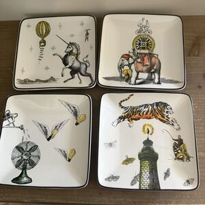 4 Pottery Barn Whimsical Square Appetizer Snack Plate Set Unicorn Tiger Elephant